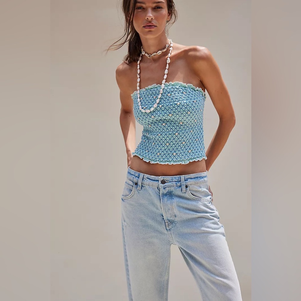 New Free People Aqua Smocked Field Of Roses Embroidered Tube Top Shirt Blouse M
